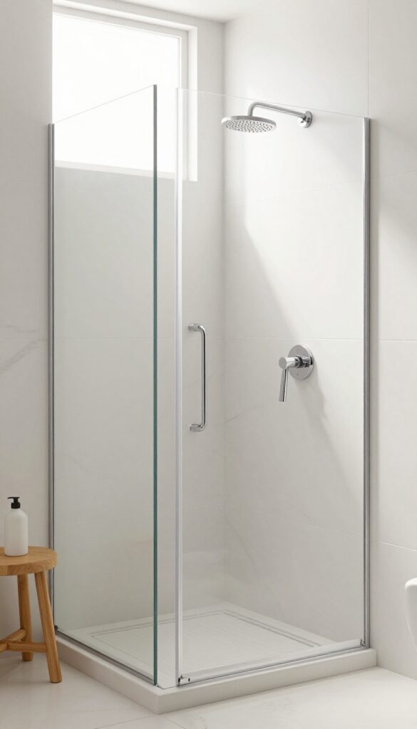 Bright walk-in shower with large white tiles and minimal grout lines, featuring a chrome rain showerhead and natural light.