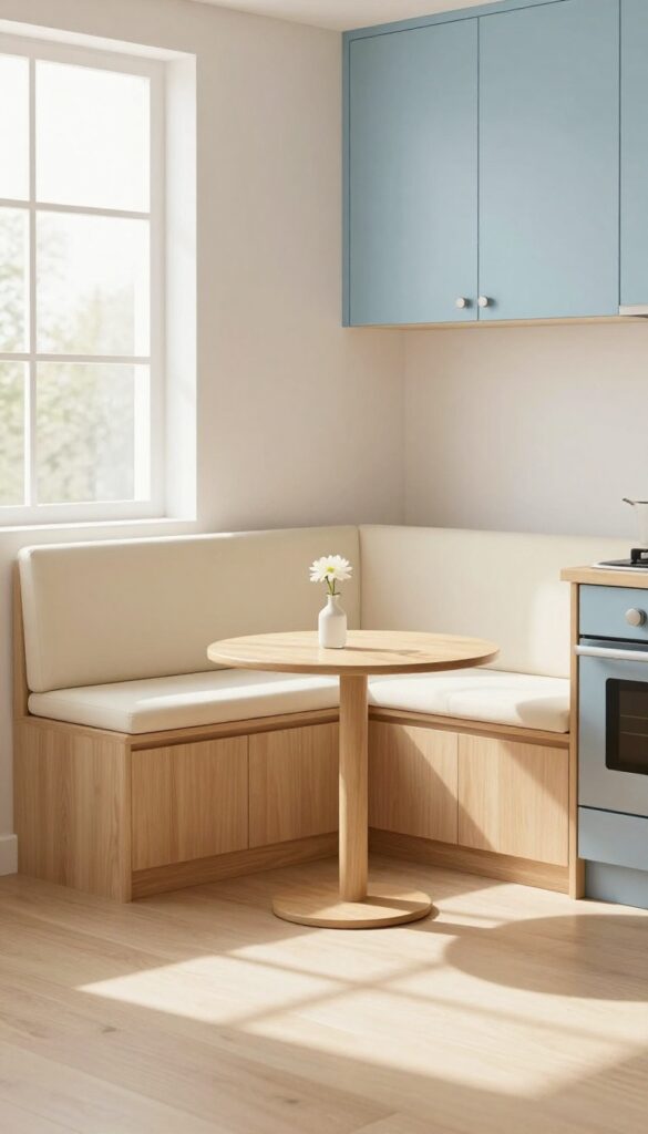 Cozy breakfast nook in a bright virtual kitchen with pale wood, soft cushions, and a petite table.