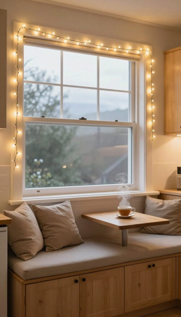 Cozy kitchen bay window with warm white string lights glowing in the evening, featuring a window seat and a cup of tea.