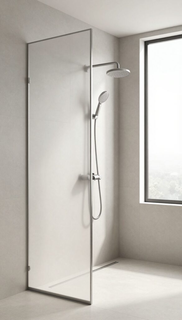 Double shower with pocket door sliding into wall, two rain showerheads, large gray tiles, natural light, minimalist design