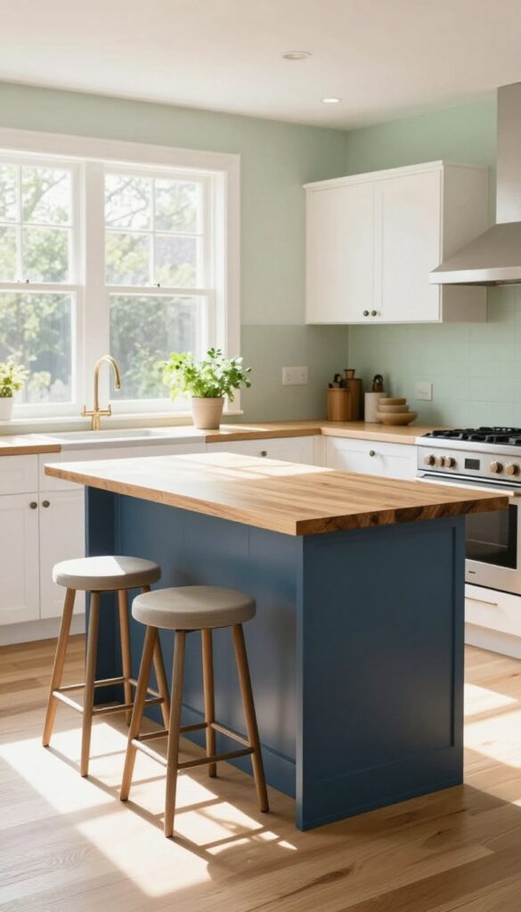 Bright kitchen with navy island with butcher-block top and two bar stools