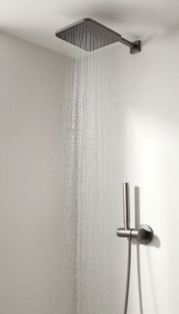 A master walk-in shower with a rainfall showerhead and multiple body jets, showcasing a luxurious and spacious bathroom setup in natural light.