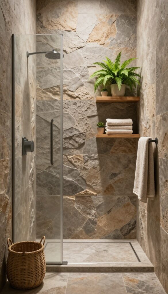 A walk-in shower with textured stone tiles in earthy colors, featuring warm wood shelves with plants and towels, under natural light for a calm, spa-like bathroom setting.