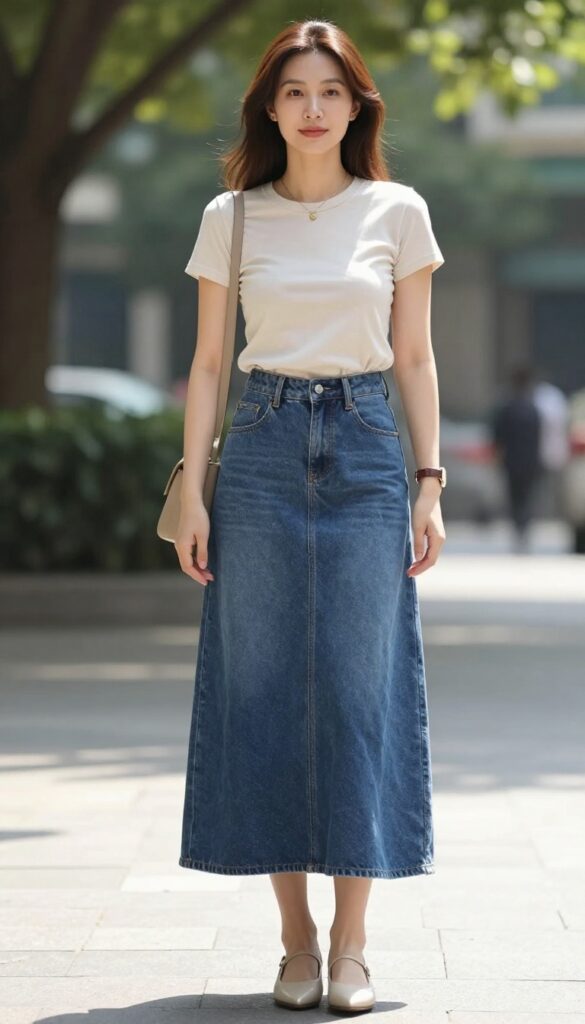 A woman wearing a classic white tee and long denim skirt outfit for summer, featuring a high-waisted skirt, simple sneakers or sandals, minimal accessories, and a neutral bag, styled in an effortless and put-together way in a bright outdoor setting.