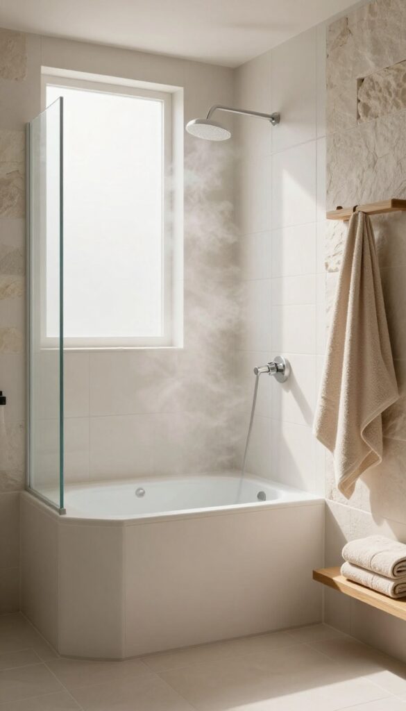 A serene steam shower with neutral colors like white tiles and beige towels in bright natural light.