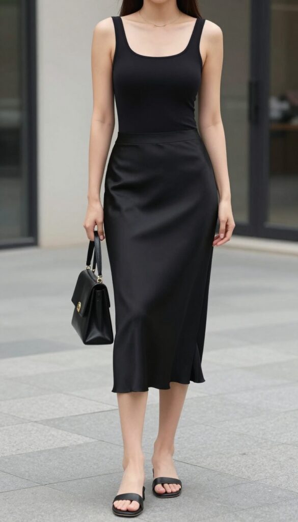A woman wearing a black tank bodysuit and black satin midi skirt in a minimal summer outfit, styled with slide sandals, a structured mini bag, and thin gold jewelry, set in bright natural light for a fashion-blog look.