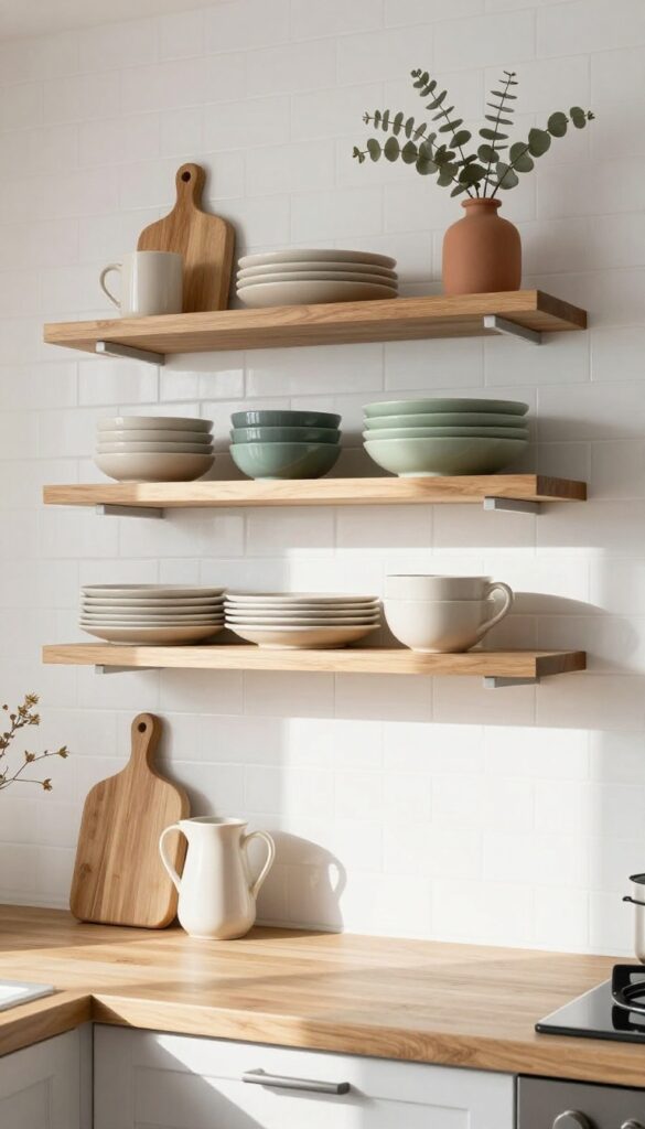 Open shelving with everyday ceramics in a bright kitchen