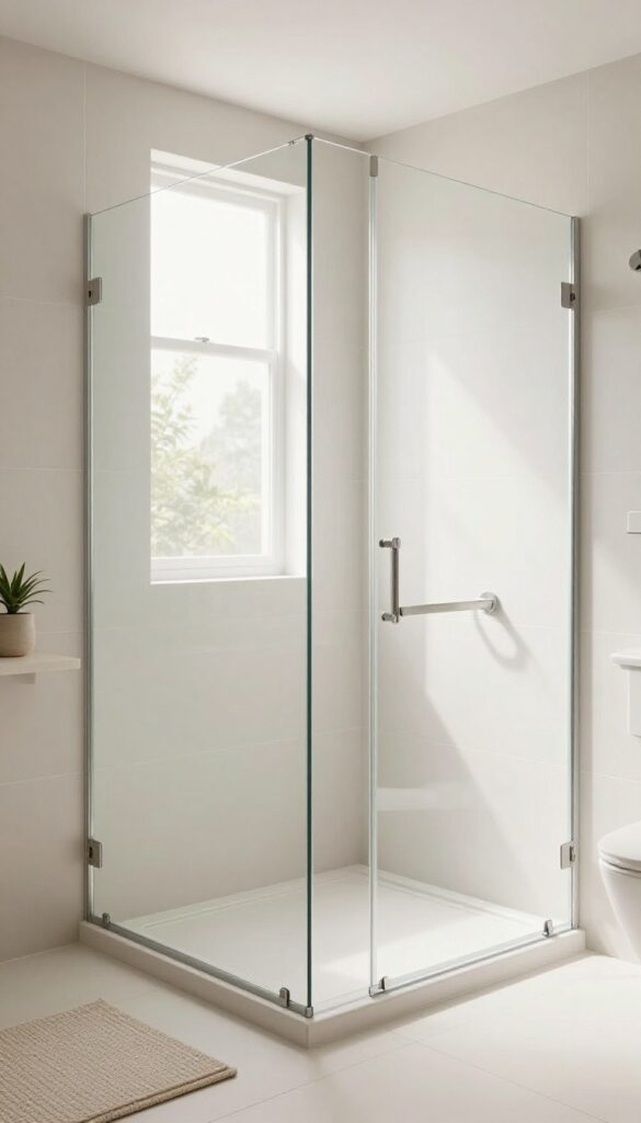 A small bathroom with a frameless glass shower enclosure over a bathtub, showcasing light-colored tiles and minimal decor for an airy, practical feel in compact spaces.