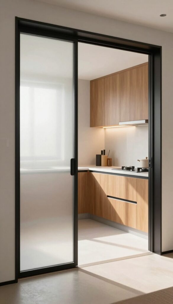 Frosted glass pocket door in a light-filled kitchen with warm wood and matte black frame