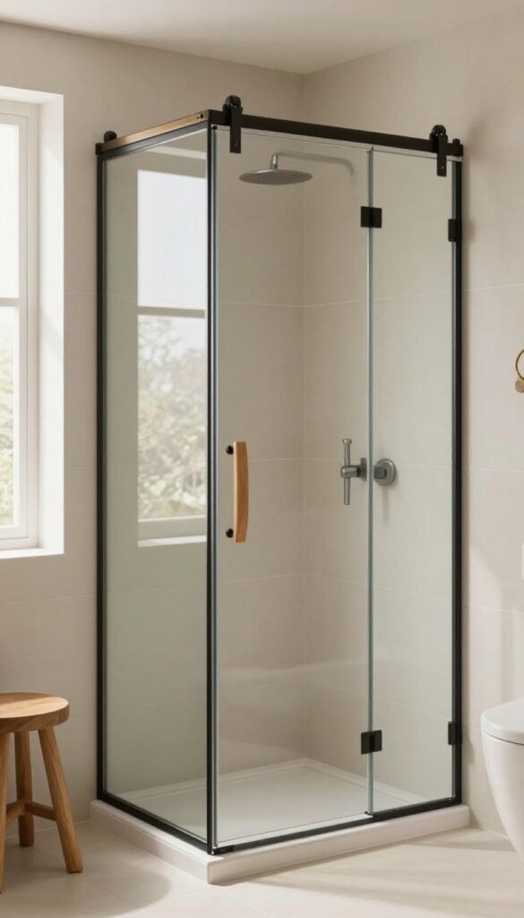 Sliding barn-style glass shower door in a bright bathroom with natural light and teak accents