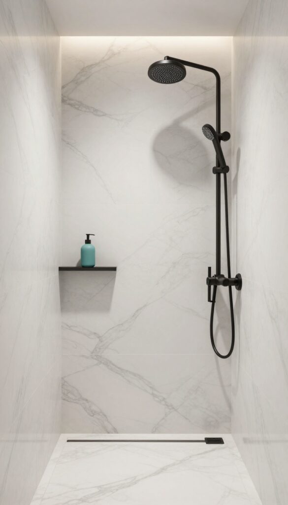 A serene bathroom shower with monochrome marble-look tiles in an elegant color, featuring seamless walls and floor with subtle texture, matte black fixtures, and a teal accessory under natural light.