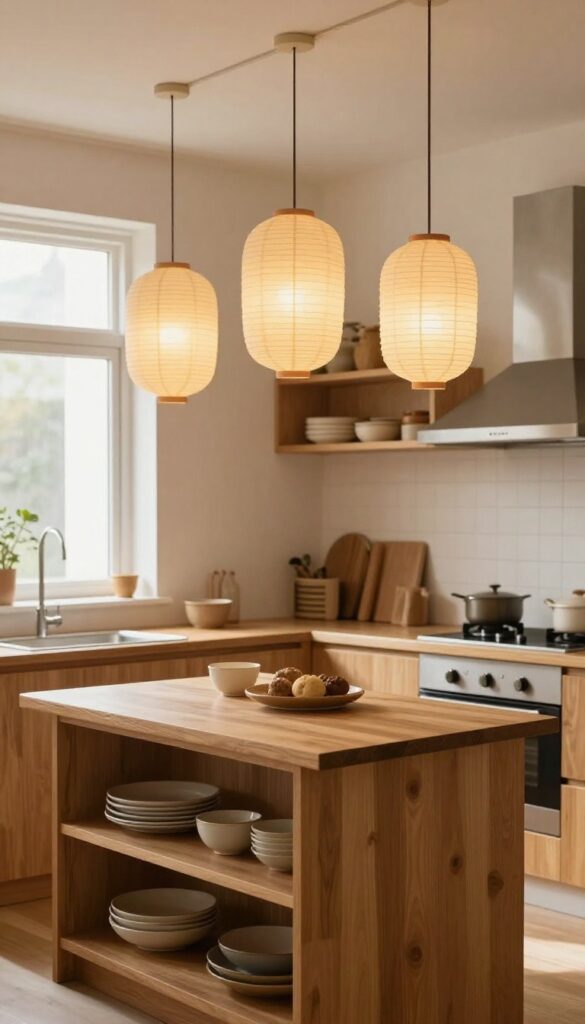 Cozy kitchen with paper lanterns hanging at different heights over a kitchen island, warm lighting, wooden countertops, and natural light from a window.
