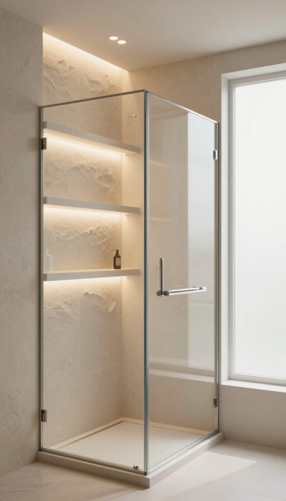 Walk-in shower with layered dimmable lighting, LED strips under shelves, and soft warm glow on stone tiles.