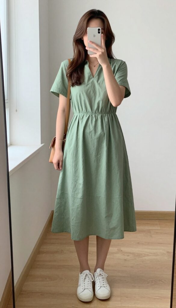 Midsize woman in a flowy sage green midi dress and white sneakers, taking a mirror selfie in a bright room. She holds a phone and carries a tan crossbody bag.