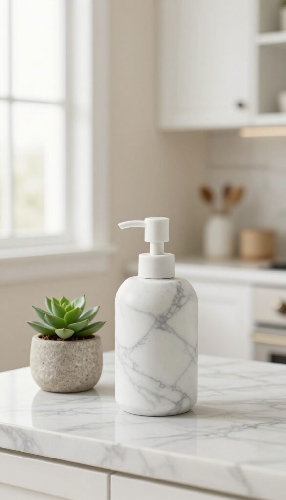Faux marble soap dispenser on a kitchen counter with a matching tray and succulent, bright natural light.