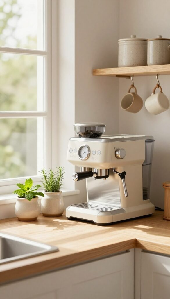 Window sill coffee bar with herb garden, wooden shelf, espresso machine, potted herbs, natural light, cozy kitchen nook