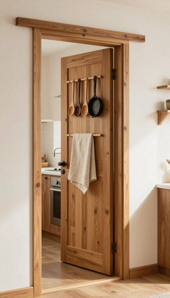 Warm wooden sliding door with a peg rail holding hanging utensils in a bright kitchen