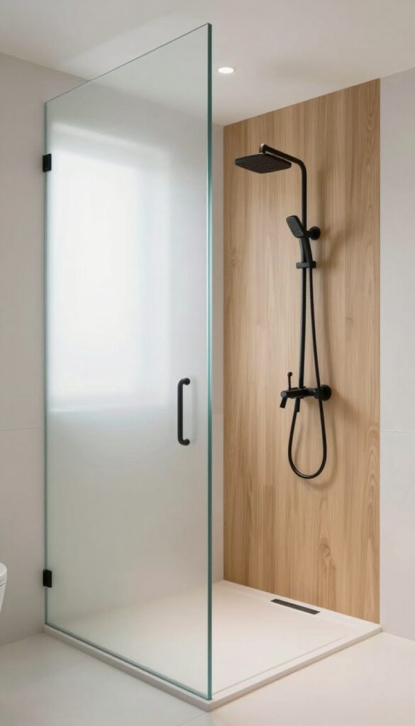 Frosted glass shower screen in a bright bathroom with warm wood and matte black fixtures