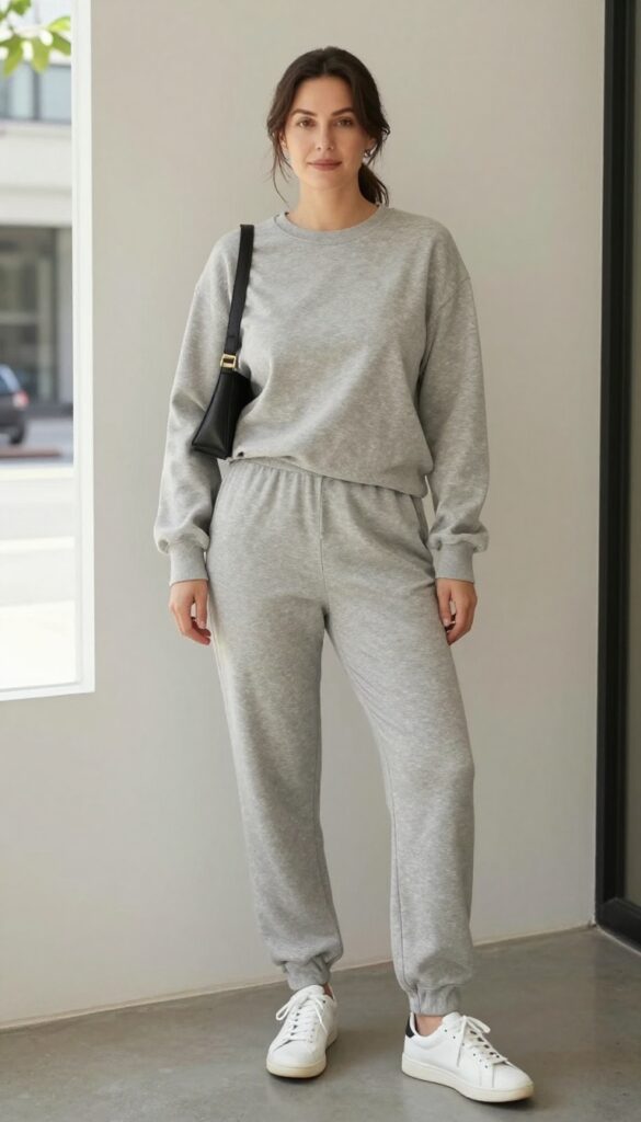 Midsize woman wearing a matching neutral lounge set with white sneakers and a crossbody bag, standing in a bright, minimal setting.