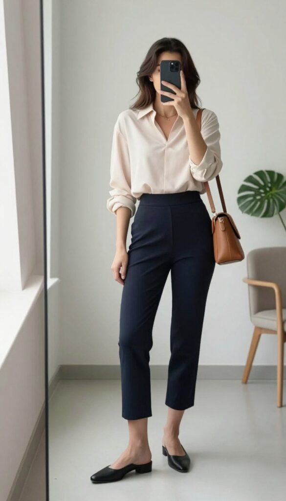 Woman in a relaxed blouse tucked into a stretchy mid-length pencil skirt, with low heels and a crossbody bag, taking a mirror selfie in a bright, minimal room.