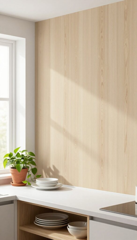 Kitchen accent wall with light oak wood-grain wallpaper, open shelving, and trailing plant.