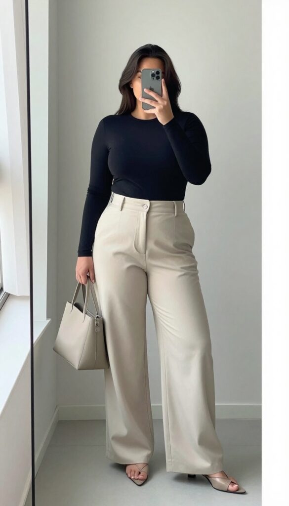 Plus-size woman in high-waisted wide-leg pants and fitted top, posing in a mirror selfie in a bright room, showcasing a balanced and flattering outfit.