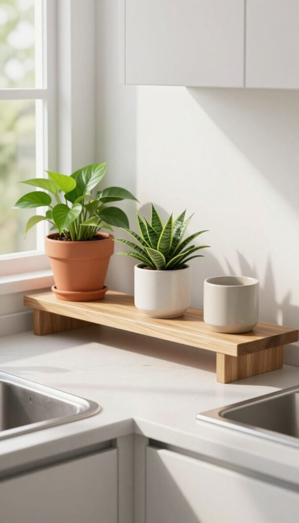 Cluster of low-light kitchen plants like pothos and snake plant in terracotta pots on a shelf