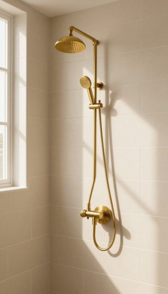 Modern shower with brushed brass drain cover and matching fixtures