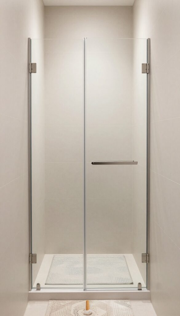 A bi-fold shower door in a narrow alcove, folding inward to save space in a small bathroom with light tiles and minimalist decor.