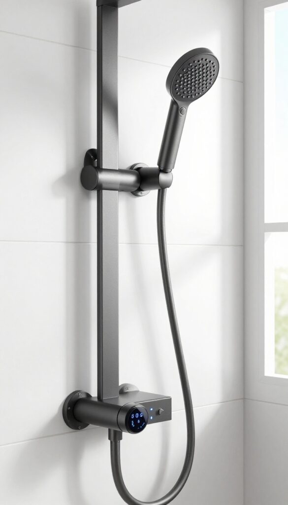Modern smart shower head with digital controls in a bright, clean bathroom