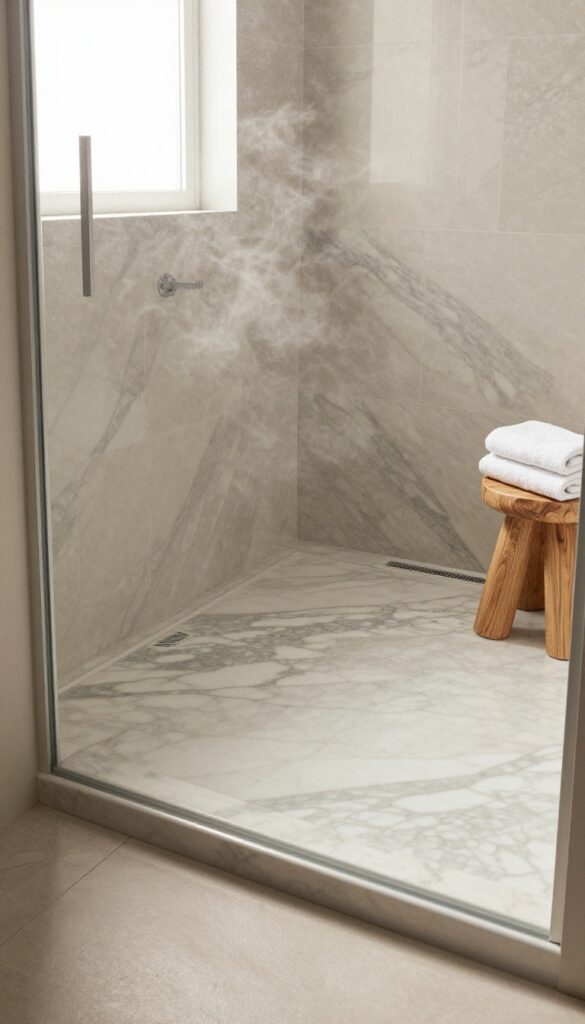 A luxurious walk-in shower with heated marble flooring in natural light, featuring neutral tones and textured accents for a cozy, spa-inspired bathroom design.