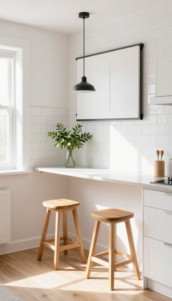 A wall-mounted drop-leaf table folded flat against a kitchen wall with stools tucked underneath, in a bright, clean kitchen.