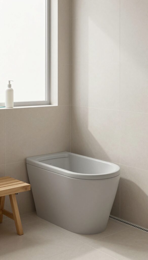 Seamless solid surface composite shower base in a modern bathroom with large-format wall tiles and natural light