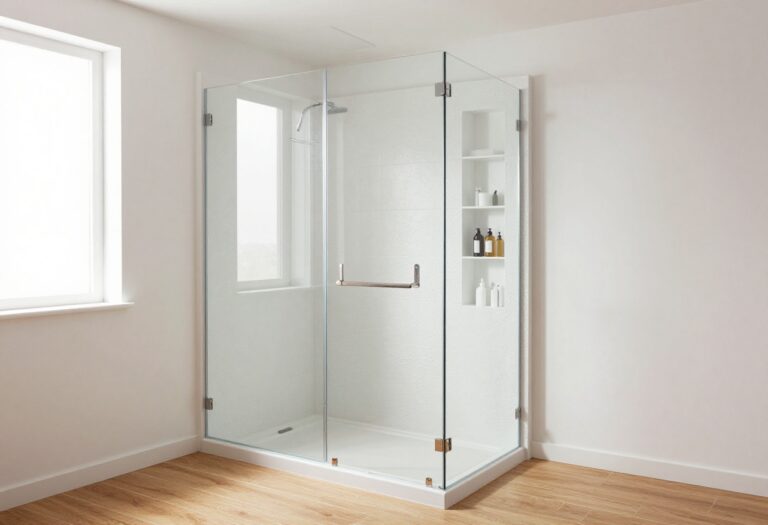 Modern standing shower with frameless glass, textured tiles, built-in storage, and wood-look flooring in a bright, neat bathroom.