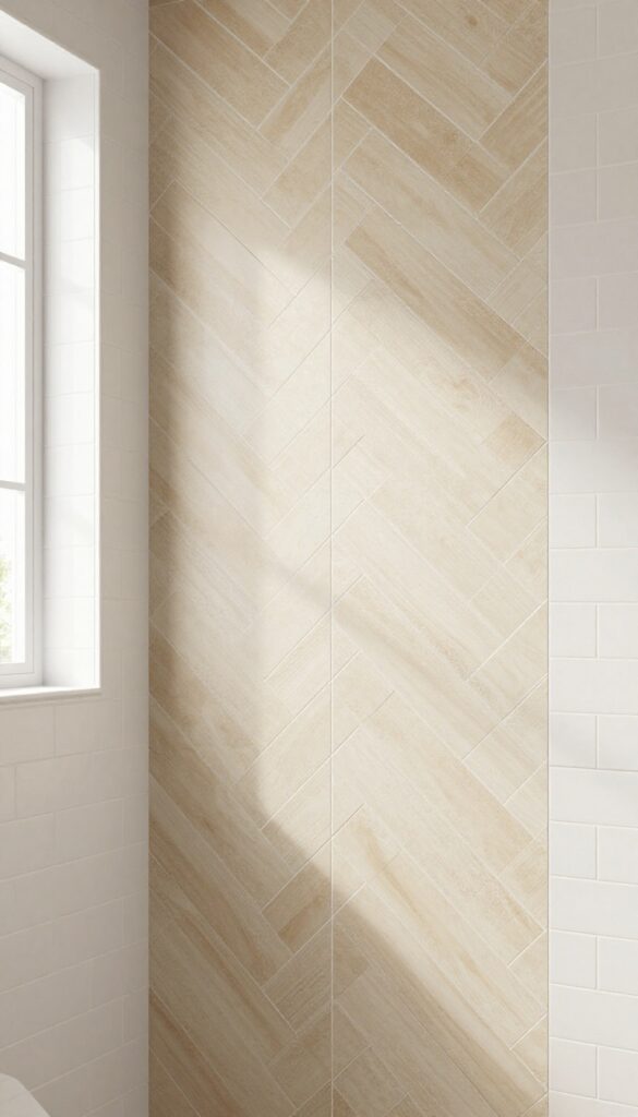 Beige chevron pattern tile feature wall in a shower with white subway tile surround and bright natural light