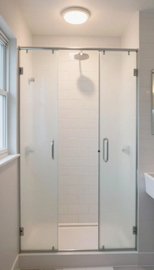 Bathroom shower with soft diffused overhead lighting creating a cozy spa atmosphere
