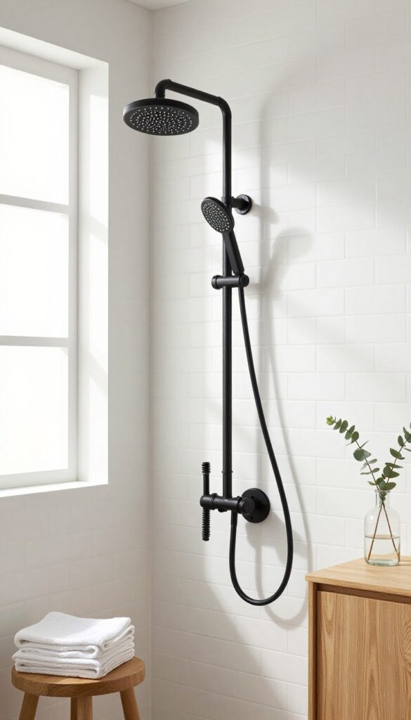Black industrial pipe shower arm in matte black finish on white subway tile with warm wood accents and soft natural light.