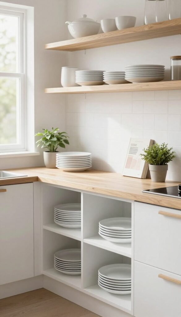 Bright kitchen with open shelving displaying white dishes and a plant