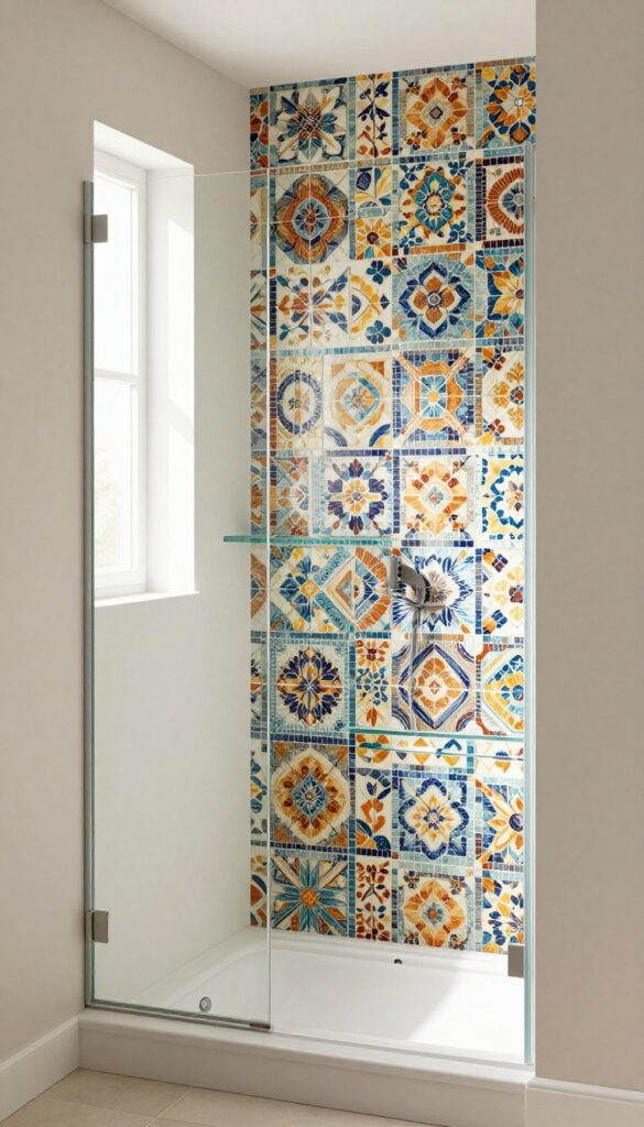 A small bathroom with a shower over bath and a patterned accent wall in the shower area, showcasing geometric or floral mosaic tiles under bright natural light.