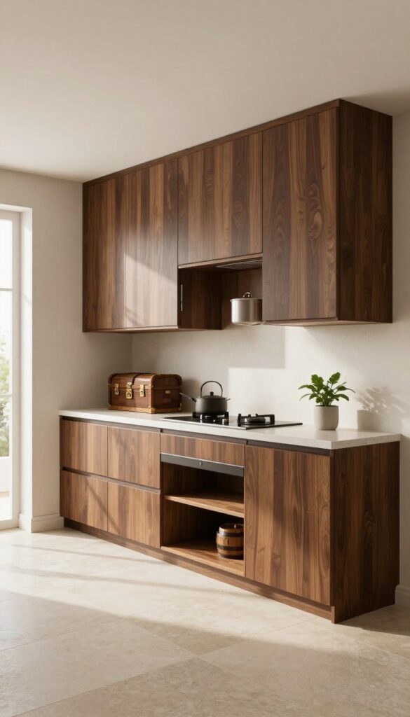 Modern Minecraft kitchen with hidden storage behind dark oak trapdoors, revealing chests and barrels.