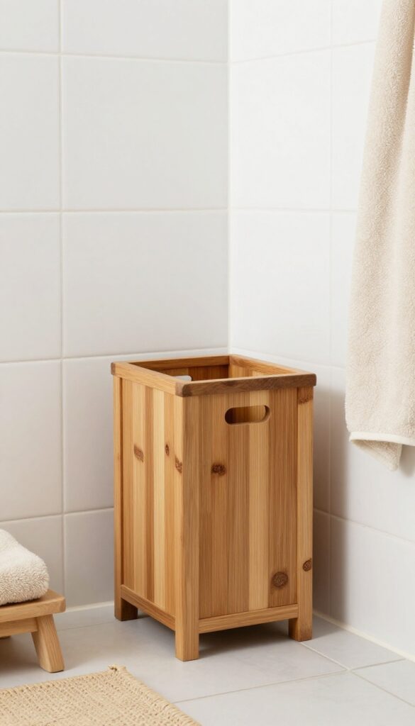 A small wooden trash can in a spa-inspired bathroom with white tile and beige towels, showcasing natural materials and bright lighting for a calm, stylish look.