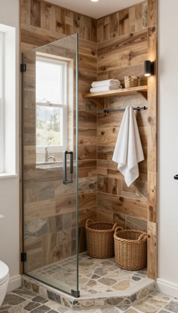 Rustic wood-look tile shower with stone accents in a bright, natural-light bathroom, featuring wooden shelves and woven baskets for a cozy cabin-inspired aesthetic.