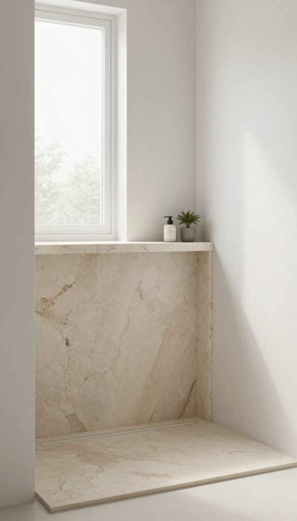 A recessed natural stone shelf in a zero-entry shower, showcasing earthy elegance and smart storage in a modern bathroom setting.