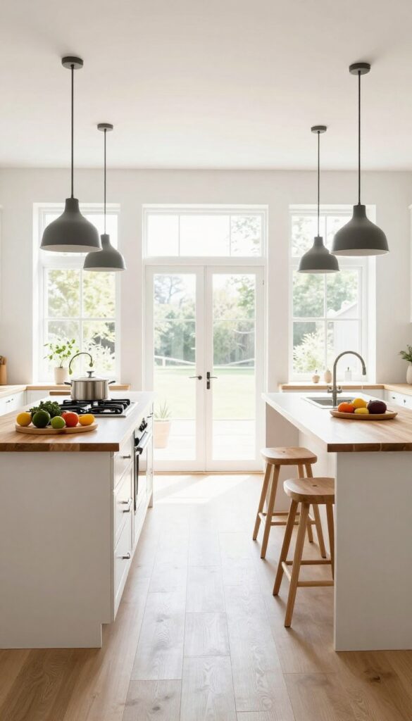 Two narrow kitchen islands with seating, one for prep and one for dining, with a walkway between them.