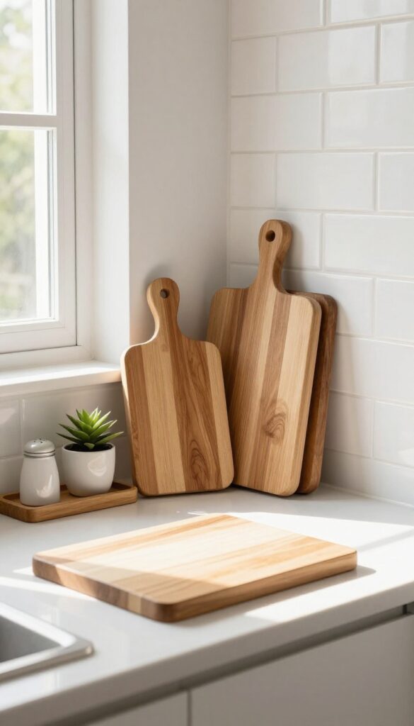 Wooden cutting boards and tray on a kitchen counter adding warmth and texture