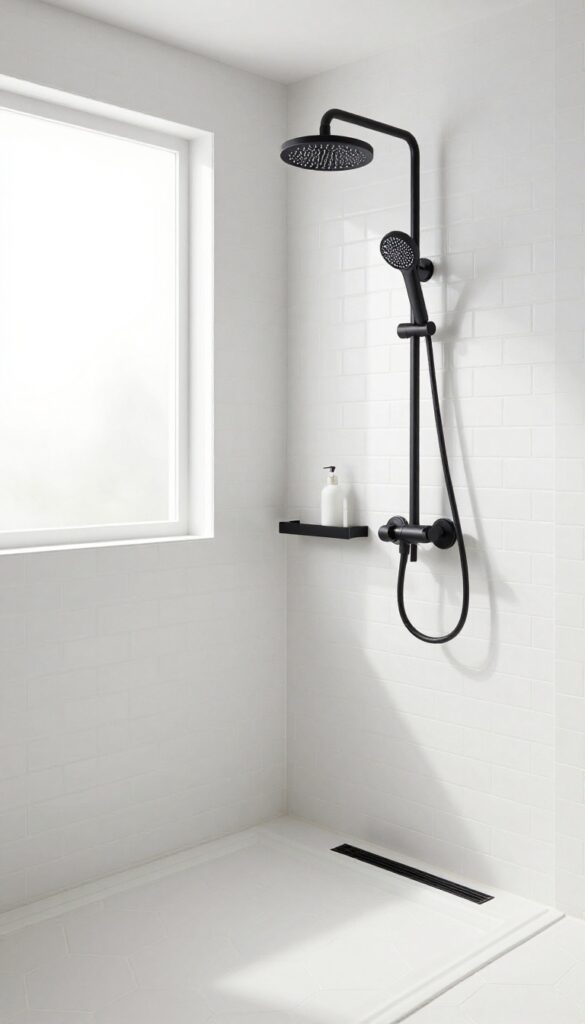White tile walk-in shower with matte black fixtures for a modern edge