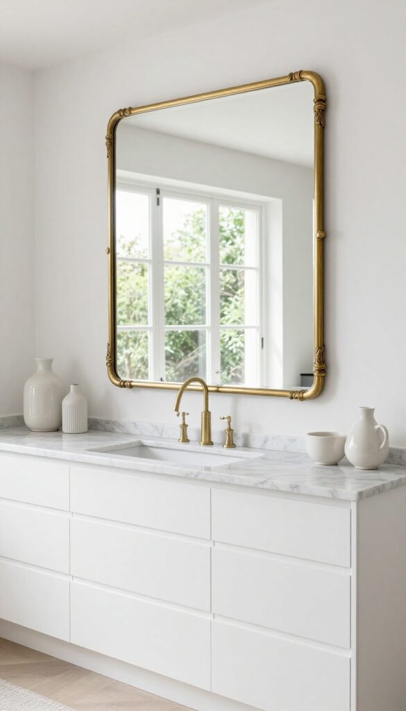 Modern kitchen with a large mirror in an artistic brass frame reflecting a window, making the space feel brighter and larger.