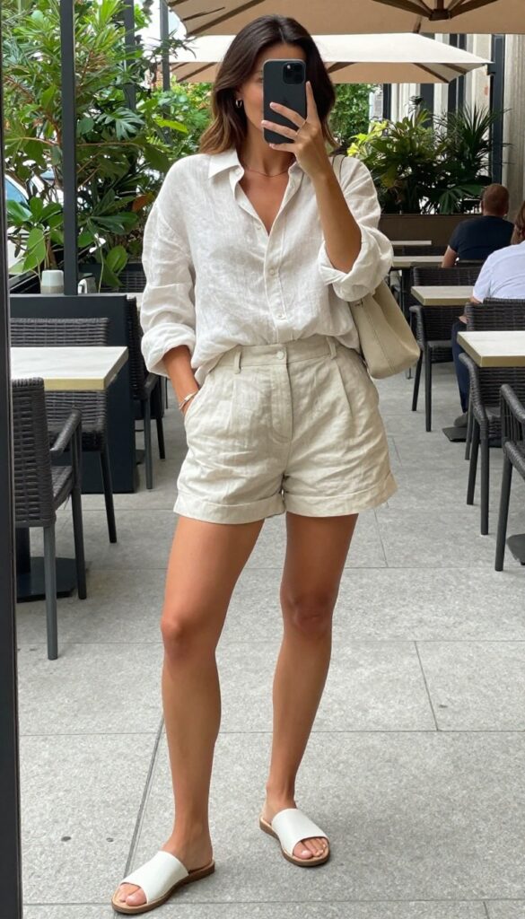 A woman wearing an oversized linen shirt and relaxed shorts for a cozy summer outfit, styled with sandals or sneakers and accessories, set in a bright natural light environment suitable for fashion blogs and Pinterest.