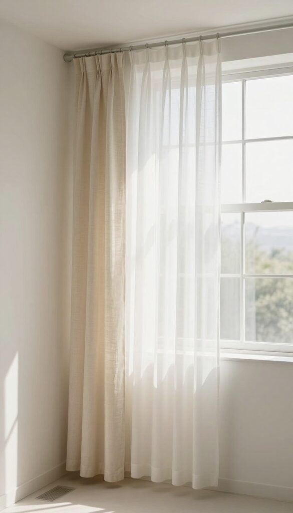 Double layer sheer and opaque shower curtains in a bright bathroom with natural light filtering through