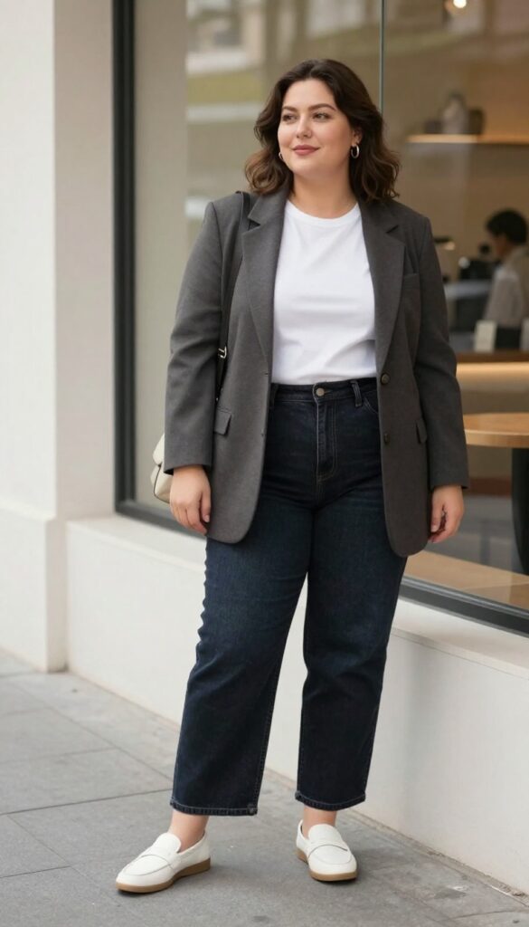 Plus-size woman wearing an open longline blazer over a fitted tee and straight-leg jeans, standing casually in an urban setting with natural light.